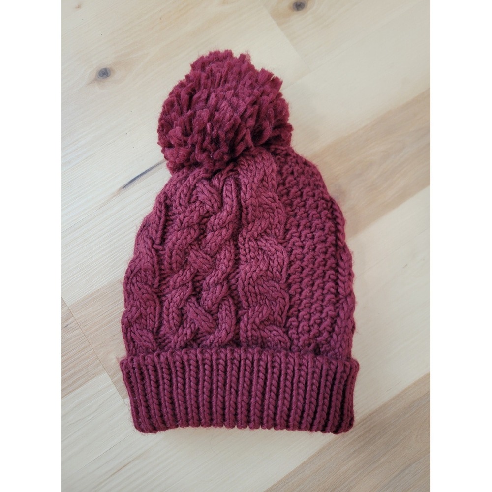 Bass Cable Knit Pom Pom Beanie Burgundy Chunky Winter Hat One Size